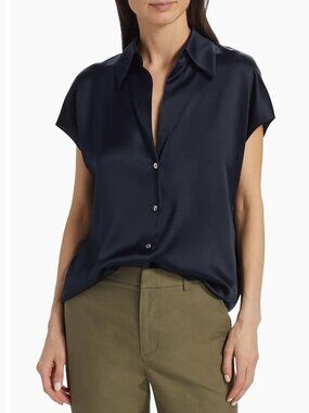 Vince Silk Button Down Shirt in Navy